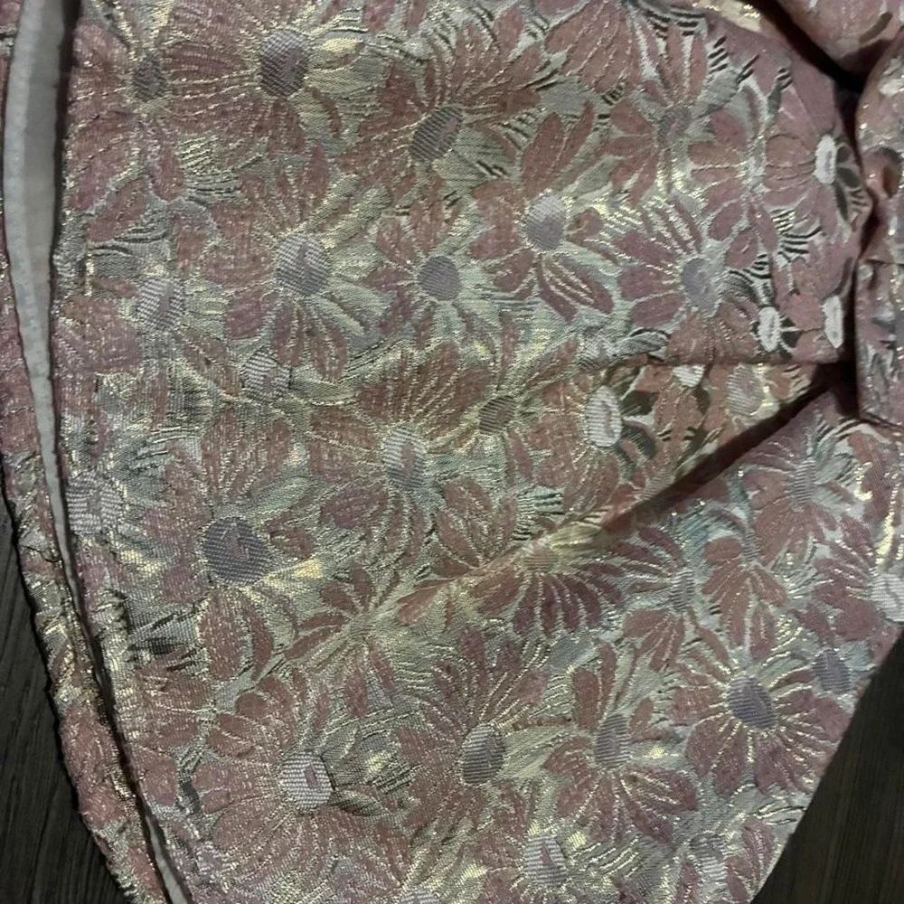 Unbranded Floral Brocade Dress Women Pink New Faux Fur Trim Bow Metallic Daisy